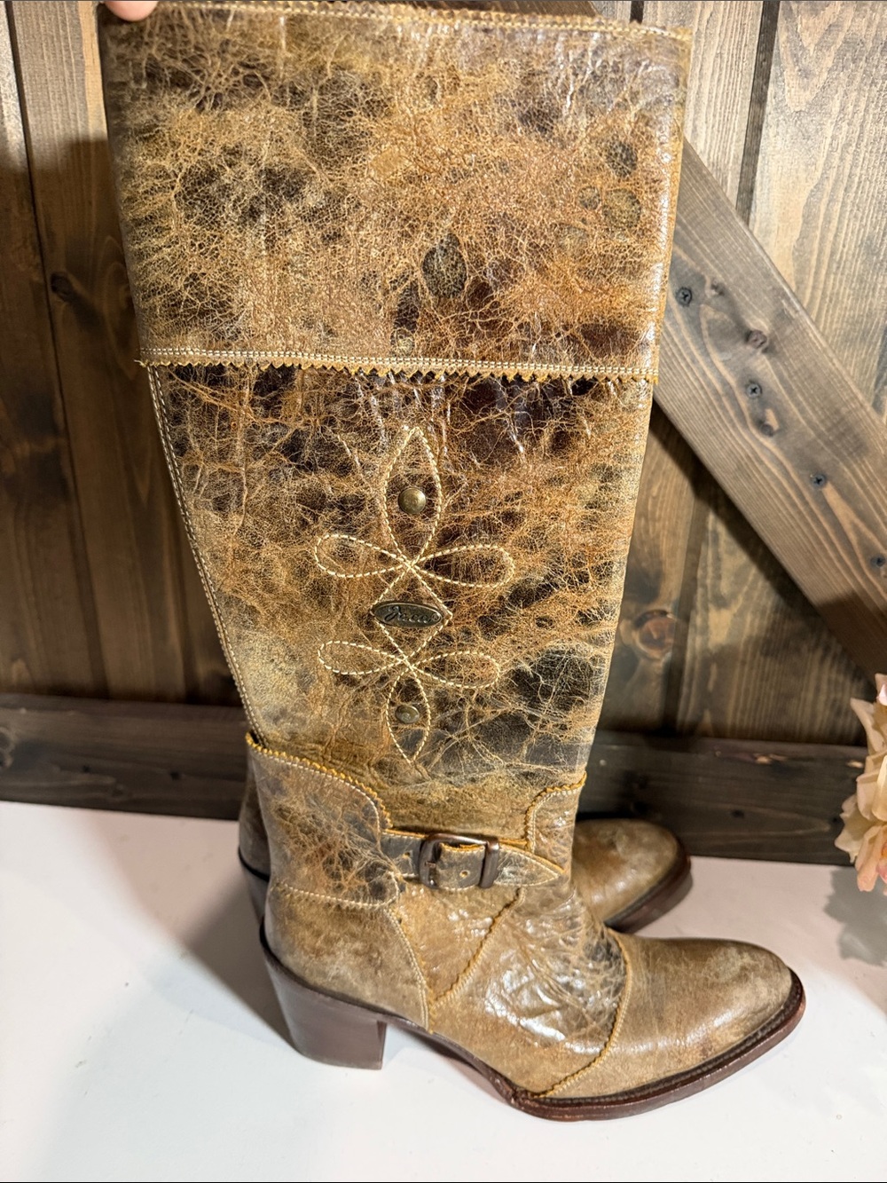 Women's Distressed Brown Leather Heeled Riding Boots
